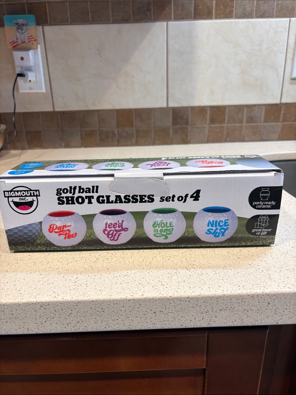 Big Mouth Inc. NIB Golf Ball Ceramic Shot Glasses Set of 4